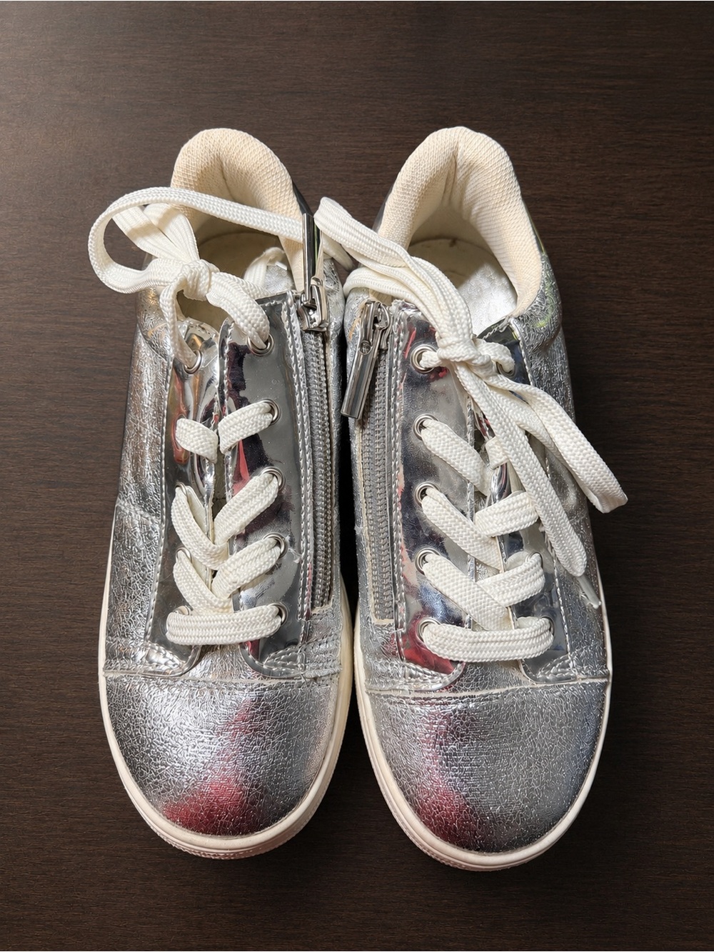 Kidpik Silver Metallic Lace-Up Sneakers with Side Zipper